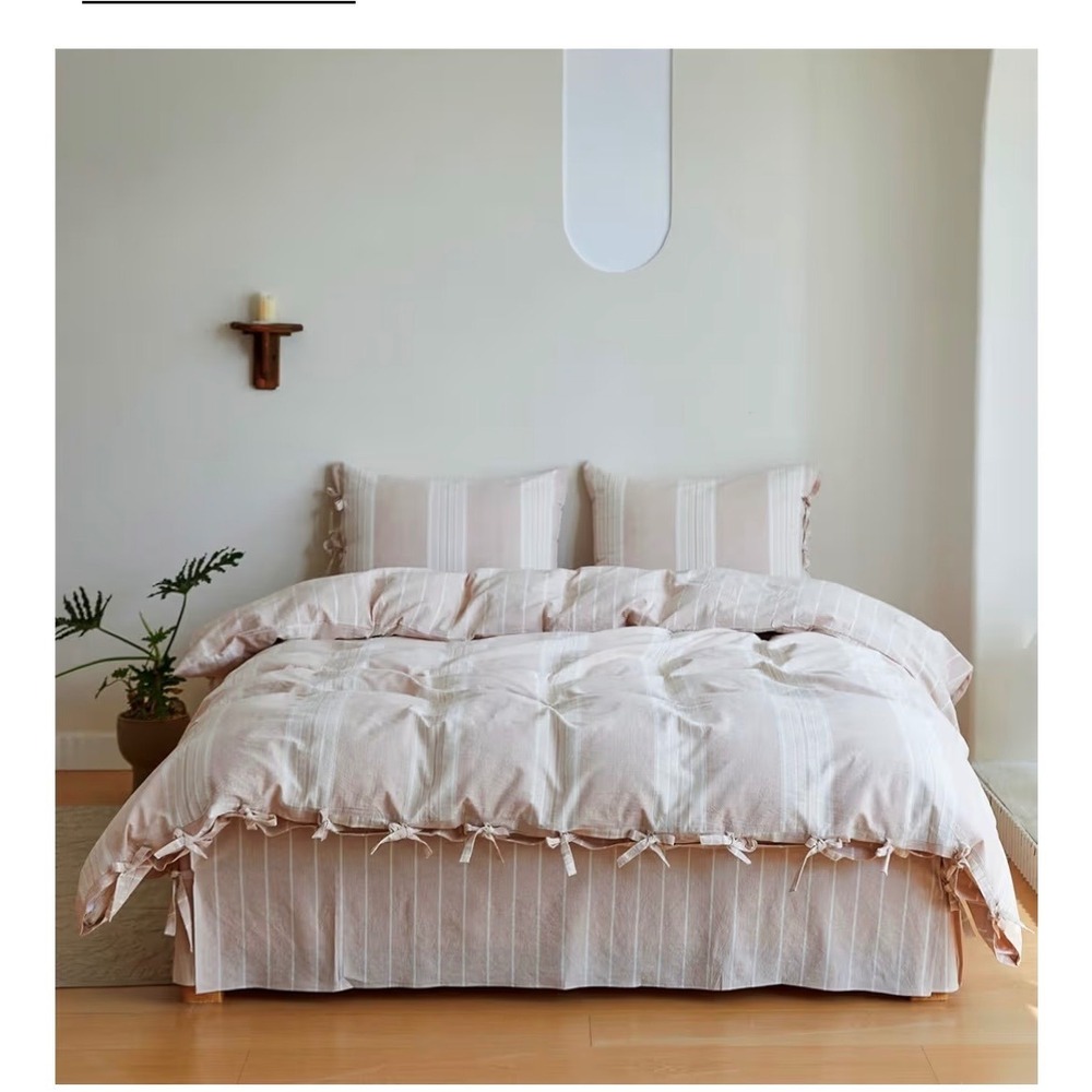 Cream/Tan Striped Washed Cotton Duvet Cover Set Reversible Country Bowknot Ties